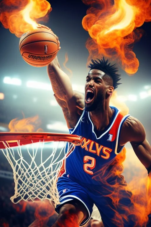 8k, highly realistic and detailed image of a NBA basketball player in action dunking the ball in the net, sweaty hair, screaming look,action and smoke and flames background