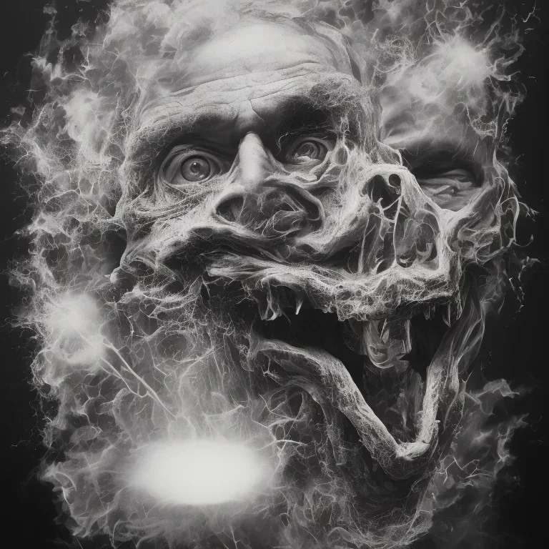 portrait of man with an exploding horror inside his face, highly detailed black and white, oil painting.