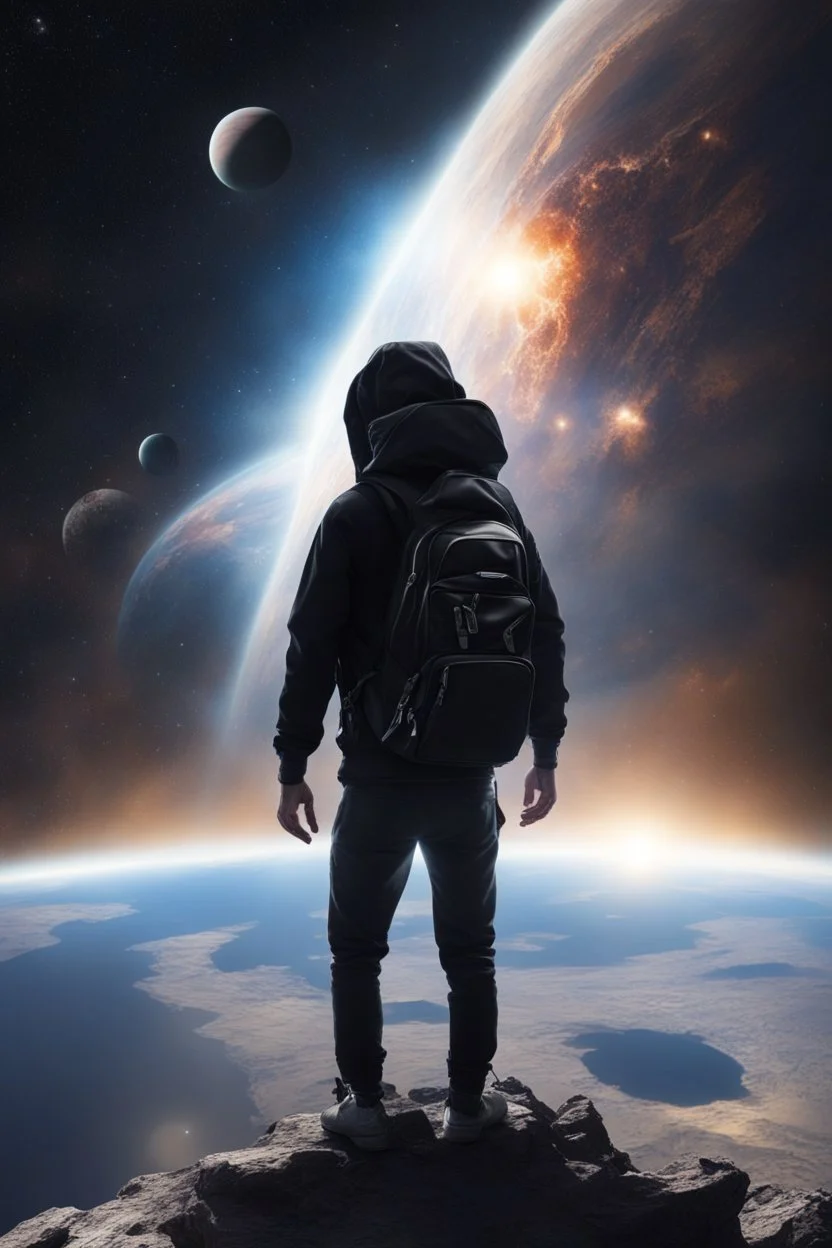 A figure wearing a black backpack deep in a supernova overlooking planet Earth