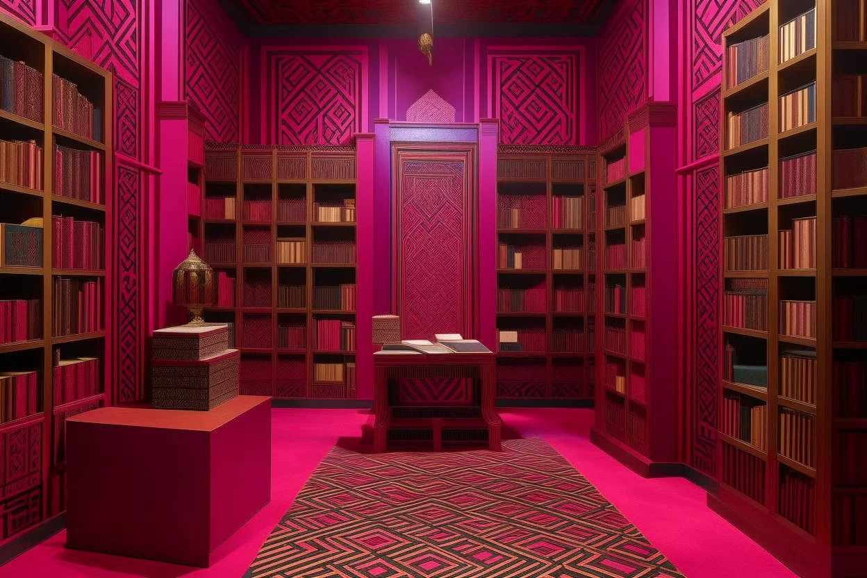 A reddish magenta library with spell casting books designed in ancient Egyptian hieroglyphics painted by Victor Vasarely