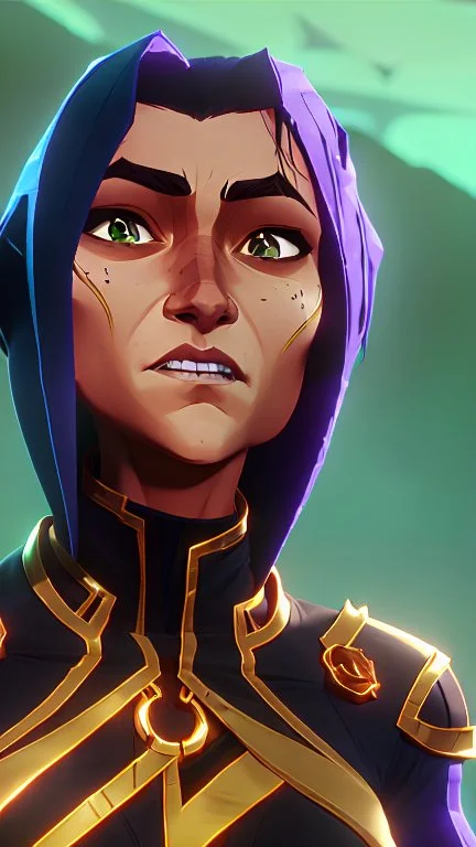 A woman has tanned skin. Her face, marked by the years, is always smiling, showing her superiority in the eyes of others. She is dressed in a steel armor with a few pieces of yellow and green fabric sticking out.