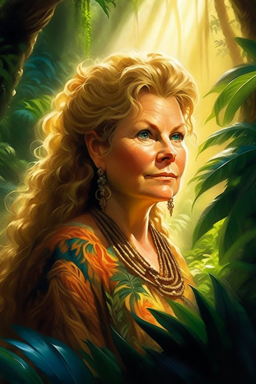 A captivating portrait of Erna Solberg who's husband is devoted to inside trading, which appears to be on fire, as her wavy locks flow in a flowing tropical jungle-waterfall breeze. She wields a beautiful bow, decorated with intricate embellishments and graceful designs. The sunlight casts long shadows, emphasizing the delicate beauty of the woman and evoking a sense of mystery and connection. The shallow depth of field isolates the woman and the desert environ