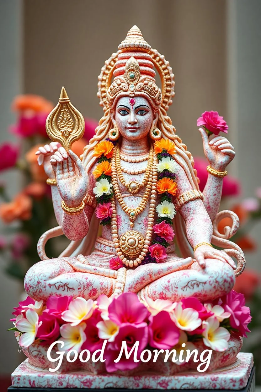 A statue of lord shiva made of pure flowers, beautiful, cinematic macro shot, "Good Morning" written in the bottom