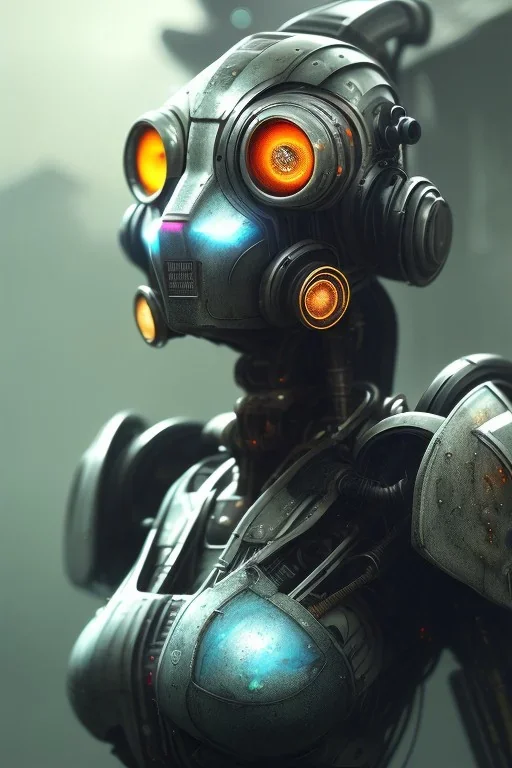 portrait post-apocalyptic robot, realistic, intriacte detail, sci-fi fantasy style, volumetric lighting, particales,highly detailed,cinamatic, deep colours, junkyard,