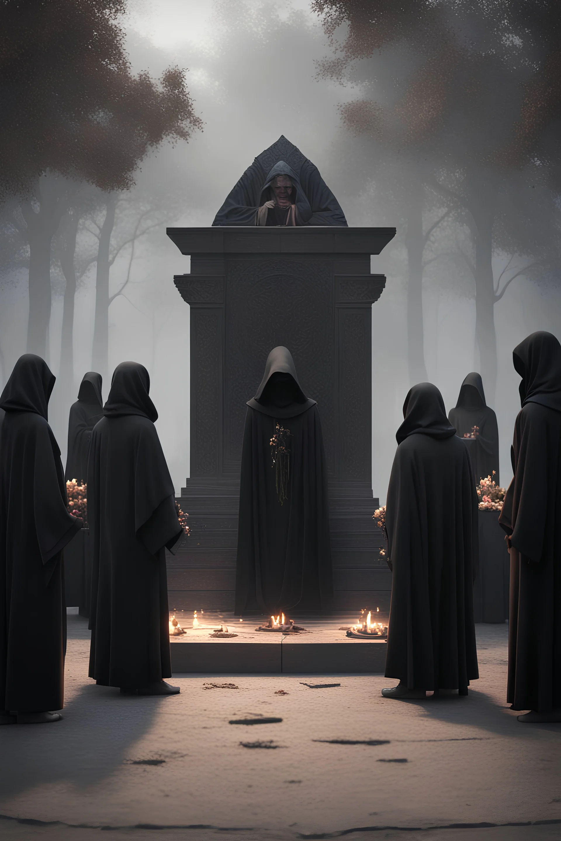 Generate an immersive outdoor 3D rendering of 12 dark figures next to a sacrificial altar in a ceremony demonstrating the emotion of an evil religion. The figures are in black hooded robes, faces hidden. Use advanced 3D techniques to bring this demonic epic scene to life. showing terrible and anxious mystery and evil. The image should capture the intricate details of the scene. Ensure the final images exhibit the utmost quality, encompassing 4K, 8K, 64K resolutions, with 3D rendering that manife