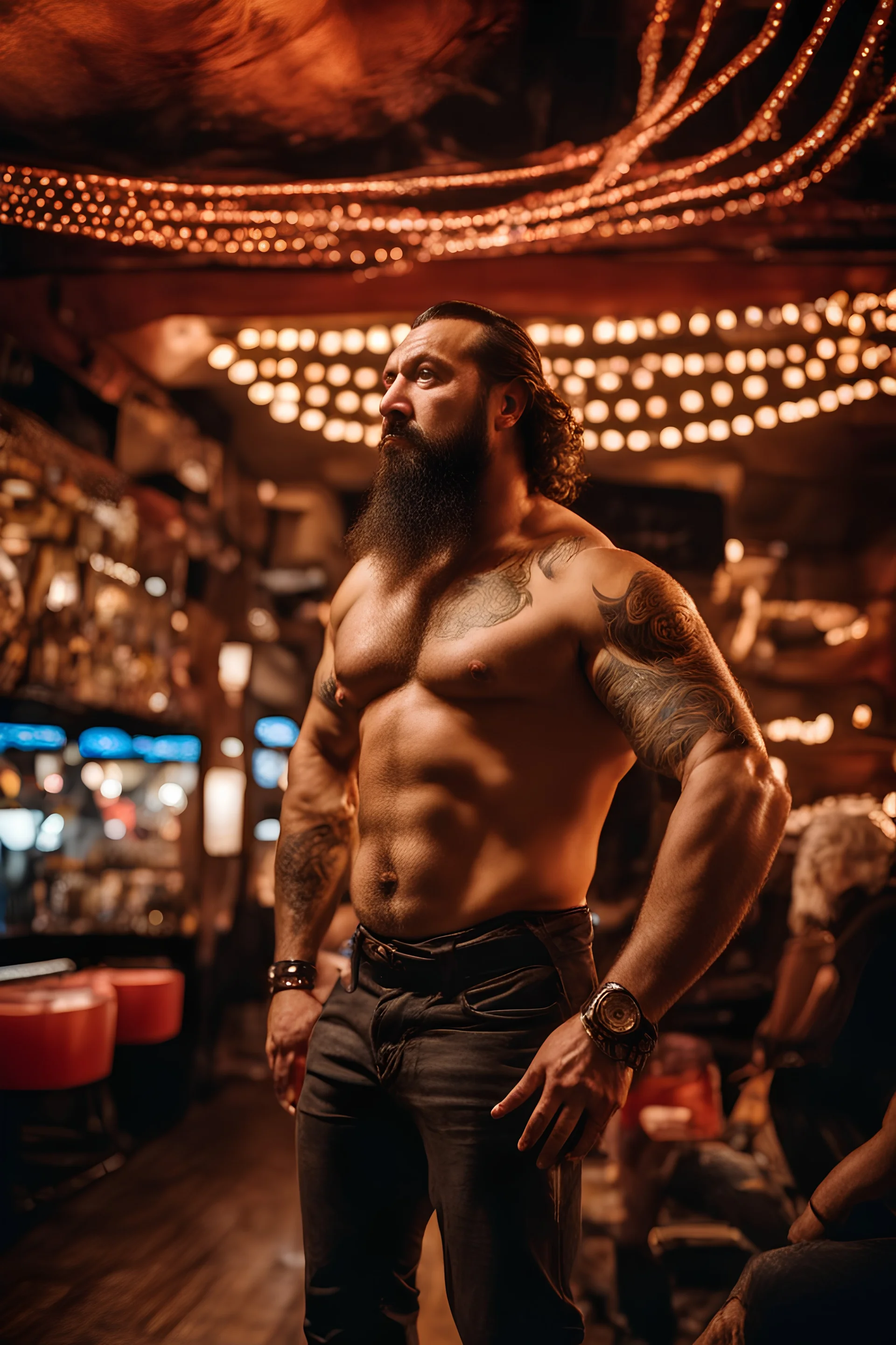 full figure photography of a burly trucker muscular strong 42-year-old turkish in a discoteque, serious, shirtless, short beard, dancing rock shirtless, bulge, manly chest, big shoulder, tribal tattoo, very hairy, side light, view from the ground