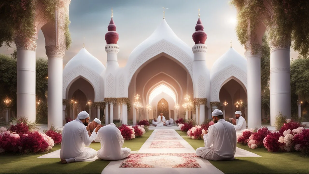 Hyper Realistic Muslim-men praying outside a Beautiful-Huge-White-&-Maroon Mosque in a beautiful garden with grass-arches, Ramadan-Light-Decorations including flowers & garland-lights with garden-lamps showing dramatic-&-cinematic-ambiance