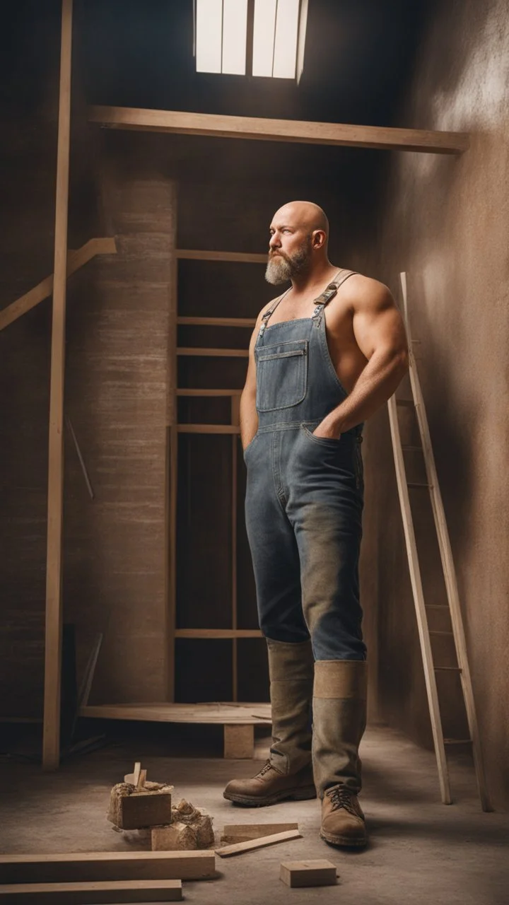 short, burly beefy robust italian bricklayer painter 40 years old, shaved hair, short blond beard, shirtless in bulging overalls, big calves, photorealistic, side light, inside a building under construction