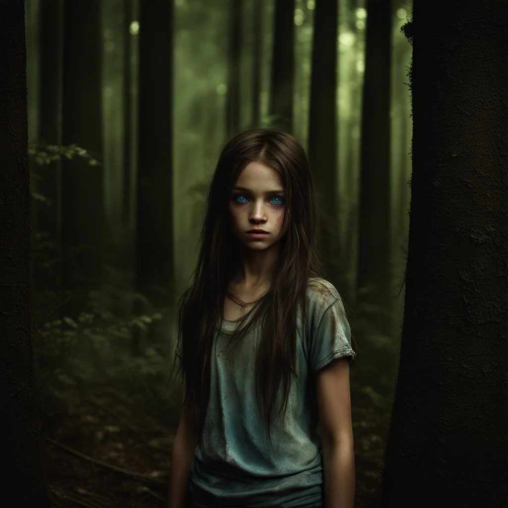 thin 12 year old girl with dark tangled and dirty hair, blue eyes, dirty face, wearing a ripped and dirty teeshirt, in a forest , photorealistic, dark fantasy