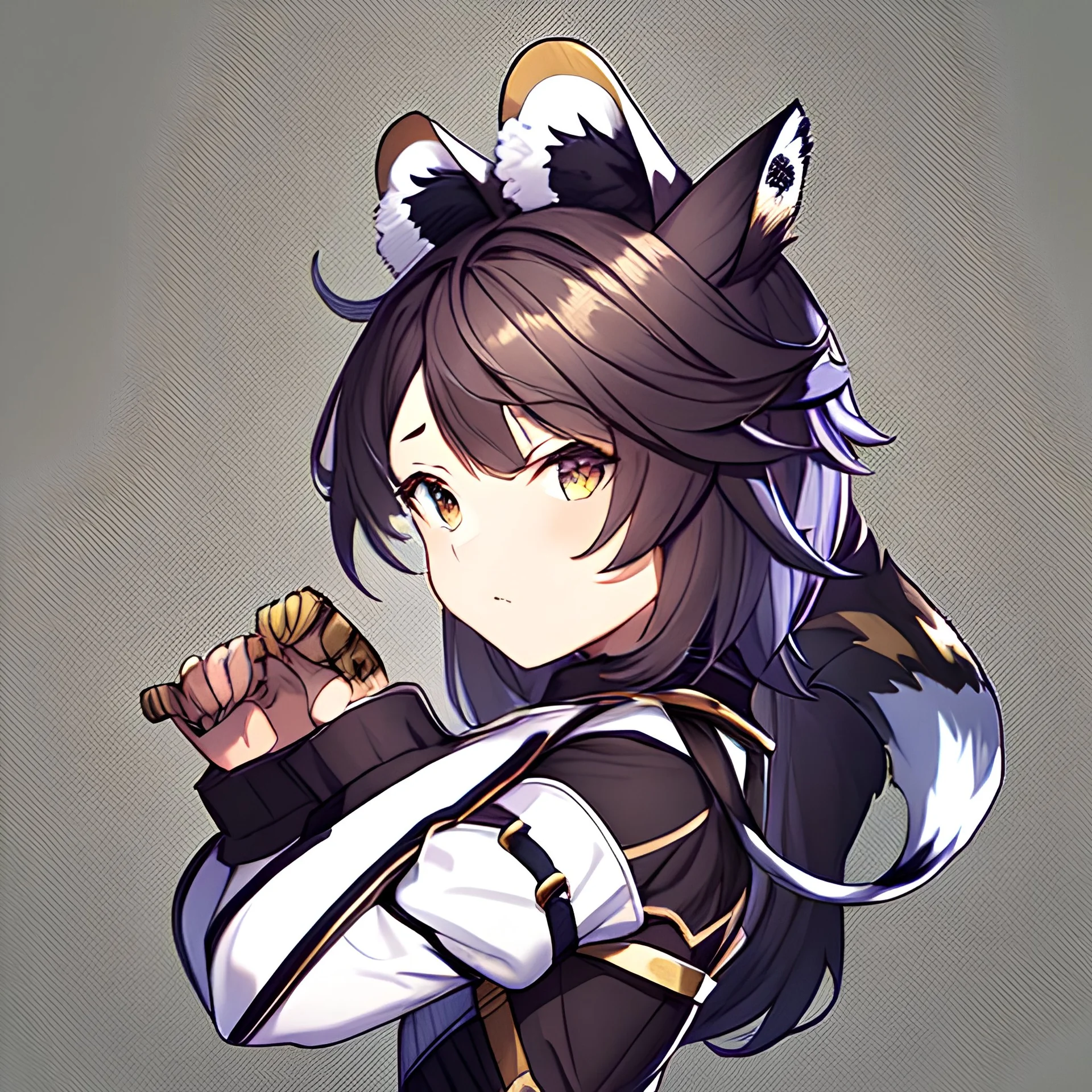 Anime portrait, anthropomorphic wolf character with fox ears and a tiger's tail, 8K resolution, ultra graphics, high quality, and detailed with lines.