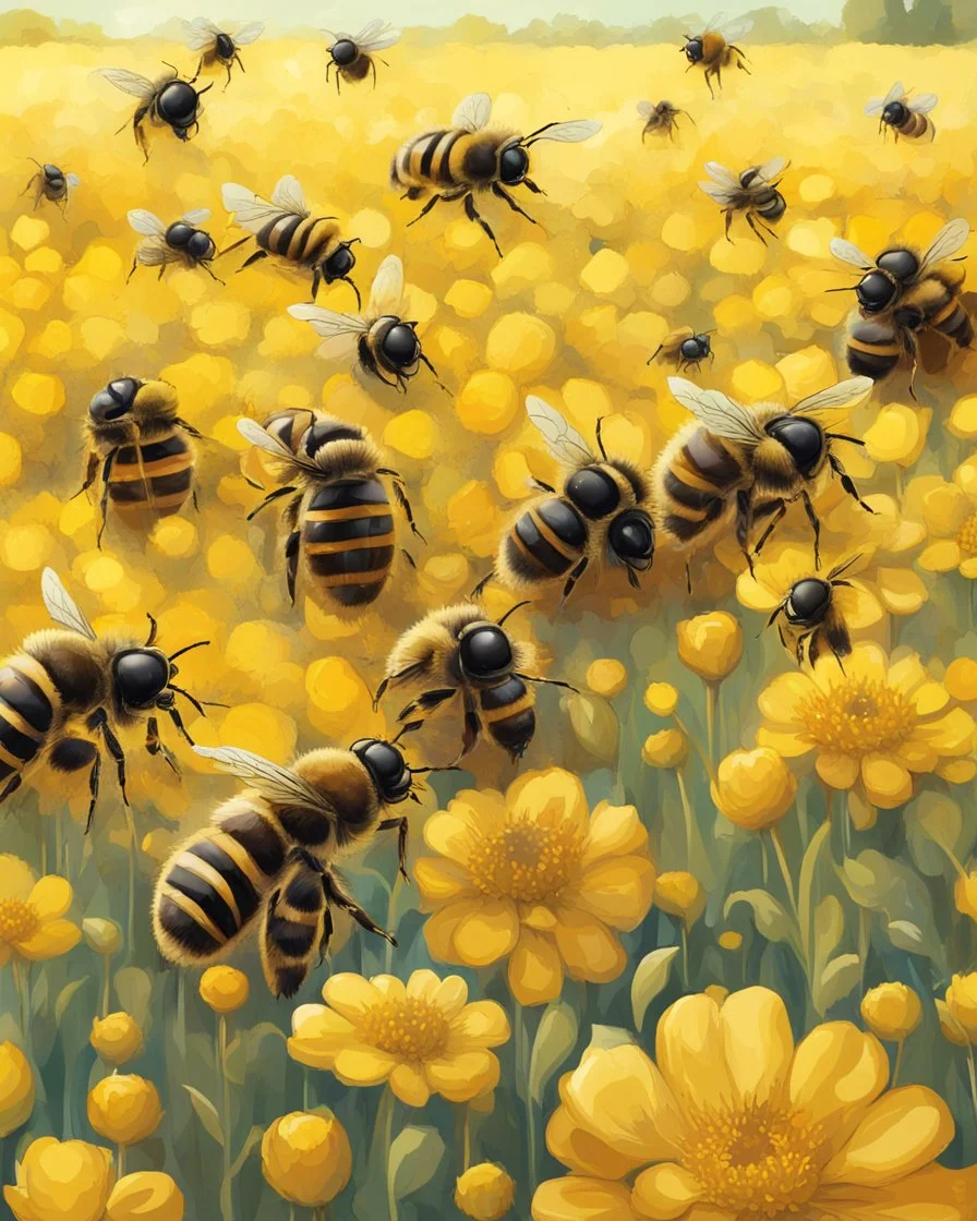 bees on hives on a yellow flower field, abstract illustration