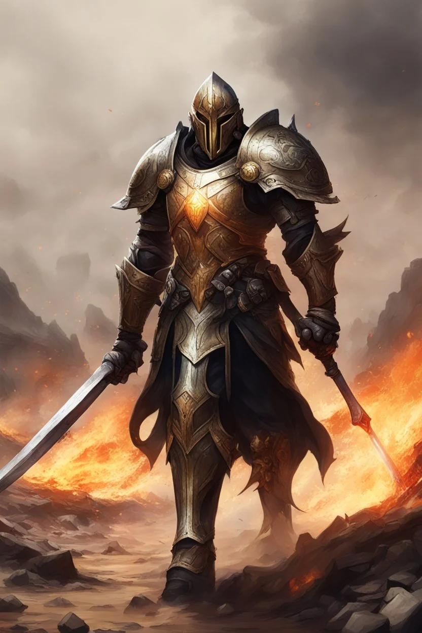 paladin wielding greatswor walking down a battlefield of scorched earth