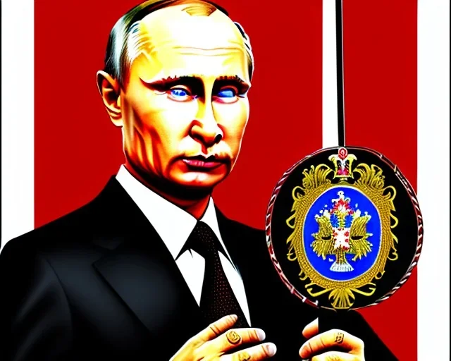 Russia president satan Vladimir Putin, evil fangs, atomic bomb cudgel