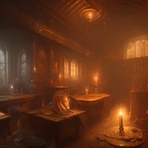 dark fantasy concept art, dynamic lighting, hyperdetailed, intricately detailed, Splash screen art, deep color, Unreal Engine, volumetric lighting, fantasy library artwork, indoors, cozy, leather, wood, library, candles,