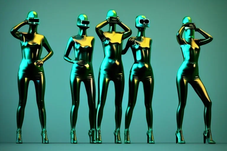 Dark green to cyan metal surfaces body paint. partly coverage metallic. Slim bodies and big butts, man and hot Russian military girls marching. Old-fashioned cameras integrated to heads. Matrix leather Cyber-punk. Attached telephones. Dystopia perfect body. Red&blue 3D-tiling. Dystopia. Partly symmetrical in relation to machines. Perfect golden ratio in vertical and horizontal directions. Bending time-space-continuum. Balls in 5th dimension Tessellation in 4-dimension elongated frog finger