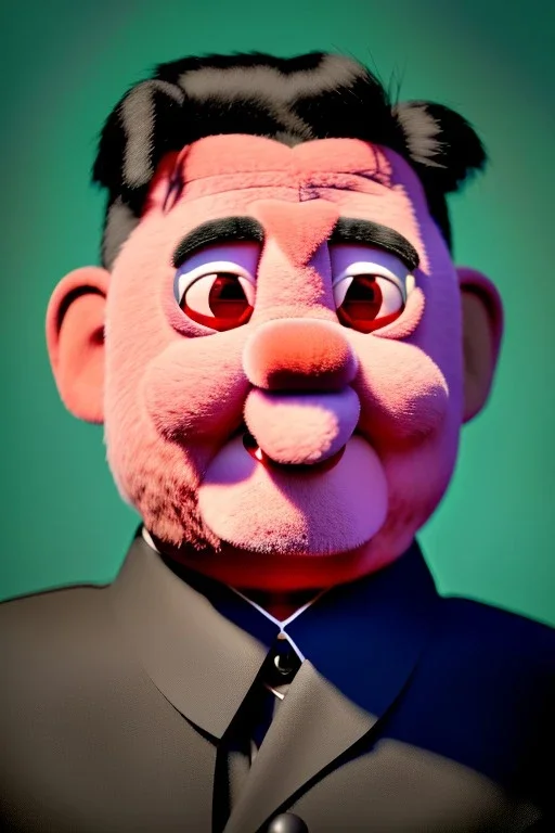 Waist up muppet Portrait, Kim Jong-un muppet doll, black suit, photo studio, red background, unreal engine 5, concept art, art station, god lights, ray tracing, RTX, lumen lighting, ultra detail, volumetric lighting, 3d.