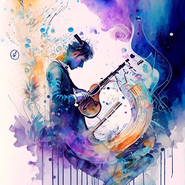 create a watercolour painting ,In this artwork, a musician addicted to a mystical substance is shown playing a magical instrument. Each note and melody produced sends ripples through the air, creating visual representations of the various fantasy worlds the musician is exploring in their mind. The music acts as a gateway to these other dimensions, and the addiction is symbolized by the musician's dependence on the substance to access their extraordinary musical abilities.