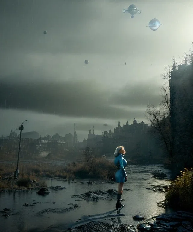 Ultra Realistic retro sci-fi 1960 scene, waist up view portrait, blonde woman, sweet young Marilyn Monroe face, perfect iris, tight latex coat, alien planet background, tight style, steel sphere dron levitating, fog, rain, soft color, highly detailed, unreal engine 5, ray tracing, RTX, lumen lighting, ultra detail, volumetric lighting, 3d, finely drawn, high definition, high resolution.