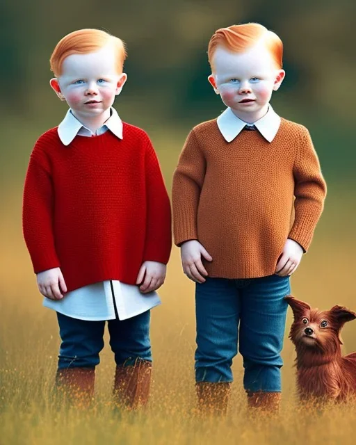 Small twin children, red head and brown hair