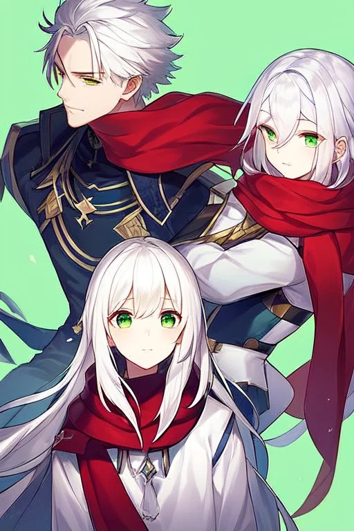 A Boy with white hair, green eyes, calm, the background is: a sky full of stars, His hair is short, he wears a red scarf,