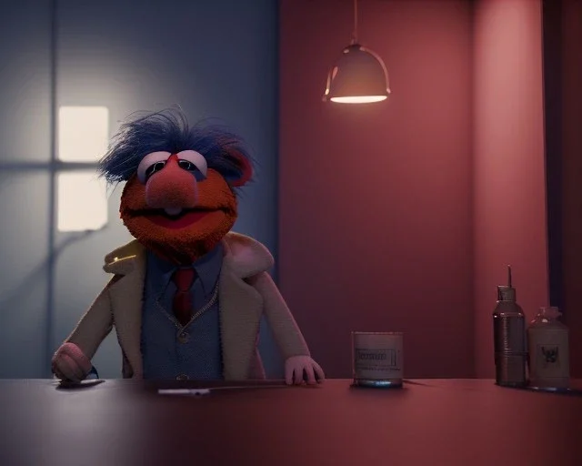 Room scene, muppet head with realistic body detective man, real photo, concept art, retro style, smooth, unreal engine 5, god lights, ray tracing, RTX, lumen lighting, ultra detail, volumetric lighting, 3d.