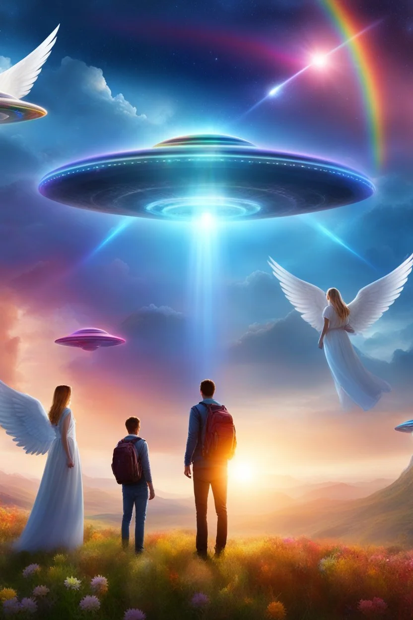 ufo rainbow, , ufos fleet, intergalactic,angels, beaux paysages fleuris