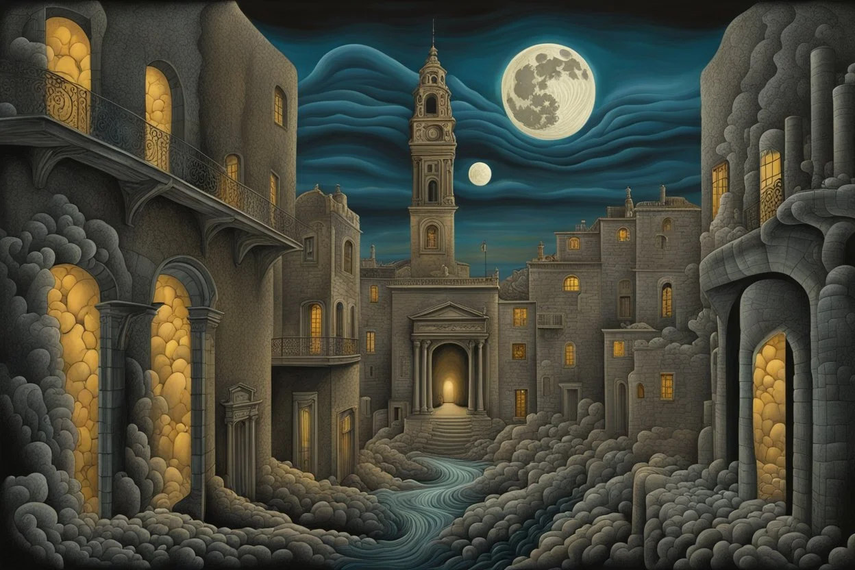 midnight in surreal old city with one big full moon, shadows on walls, strange buildings, sinister by Greg Rutkowski surrealism Salvador Dali matte background melting oil on canvas sinister by Greg Rutkowski surrealism Salvador Dali matte background melting oil on canvas abstract vector fractal, wave-circle function, Zentangle, 3d shading