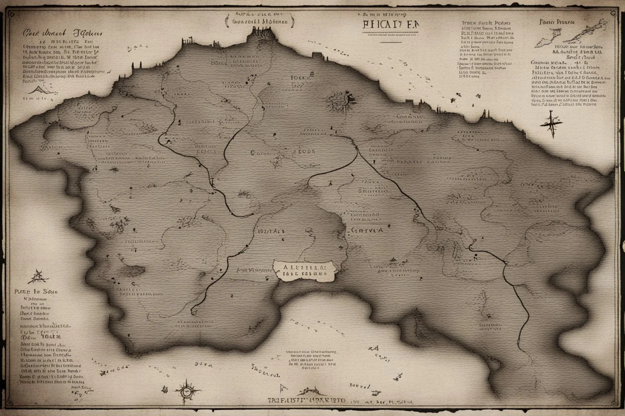 a scan of an ancient printed road map of a fictional place that was black and white and uses a Cree font, but has since been stained and weathered