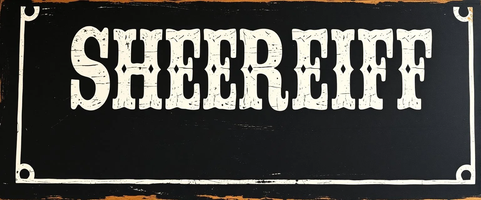 fill composition with large and wide historical hand painted old western sign that reads: "SHERIFF" white on black with inset white stripe boarder aged paint on wood sanserif
