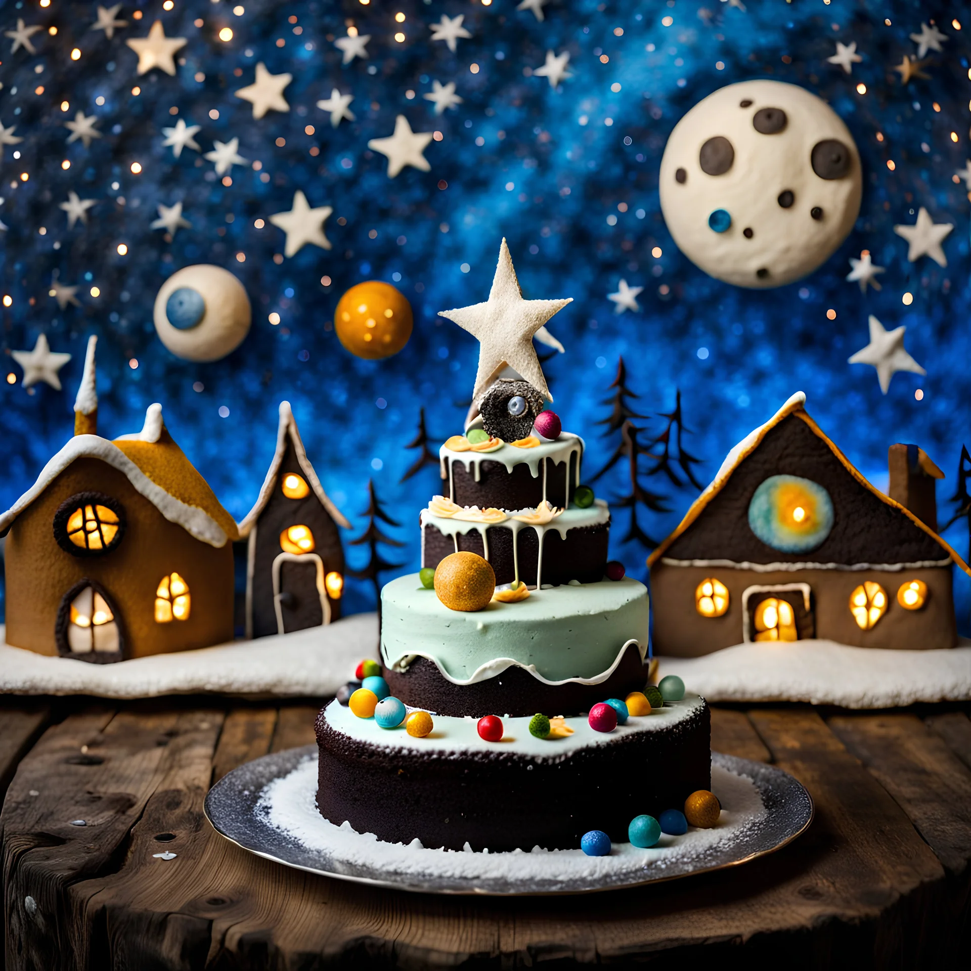 Folk art photograph, Nightmare before Christmas made of cake-frosting and felt, village, naïve, stars and planets, Max Ernst, neutral natural colors, mixed media, bokeh