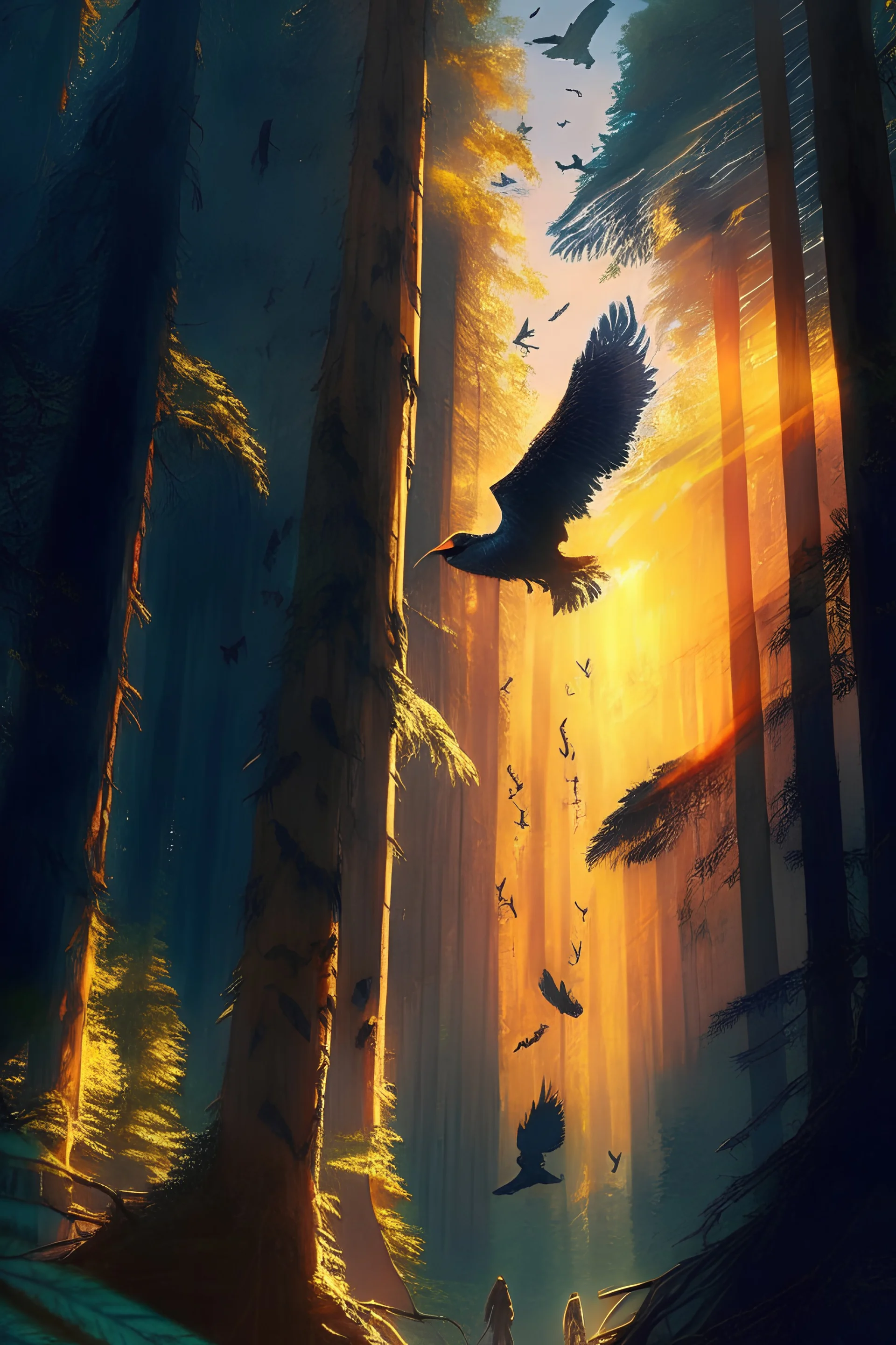 The sun's last rays illuminated the dense forest as Samarth charged ahead. Strange noises were only. A clearing emerged, and his eyes opened wide with amazement at the wonder of eartth's mythical realm. Birds of every hue fluttered around the majestic, tall trees.