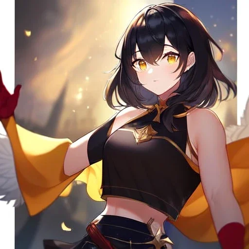 Clear focus,High resolution, Black short fluffy hair, and yellow eyes, wearing a black short skirt, sleeveless crop top, wearing long dark red gloves, yellow cloak