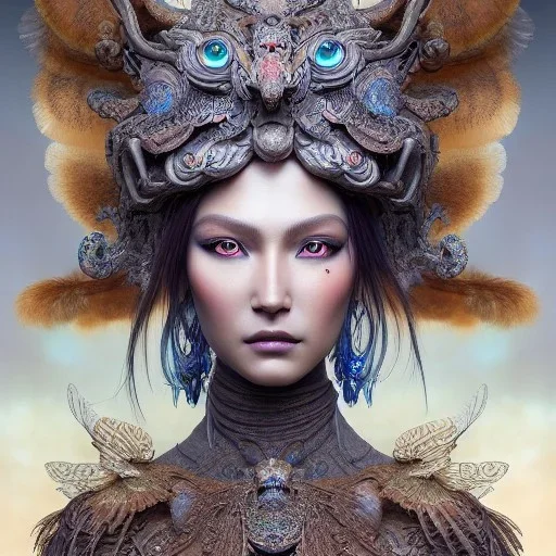 Insanely detailed photograph of an elaborate beautiful hawk goddess intricate glowing skin eyes intricate face hair lashes fur dress hyperdetailed painting by Anna Dittmann Huang Guangjian and Dan Witz CGSociety ZBrush Central fantasy art album cover art 4K 64 megapixels 8K resolution HDR Greek shiny space colours jewelry celestial hair eyes light"