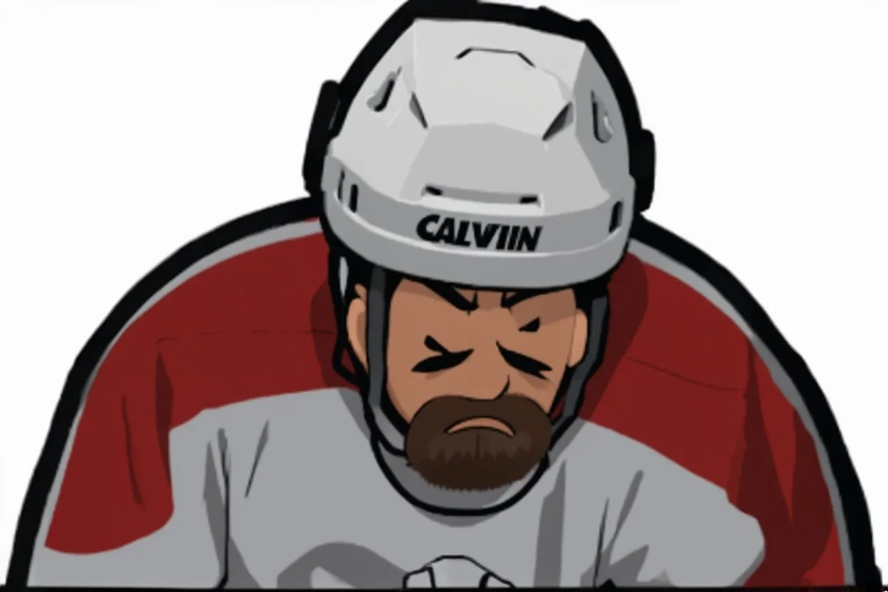 calvin angry pouting with head down wearing a hockey helmet, line art cartoon