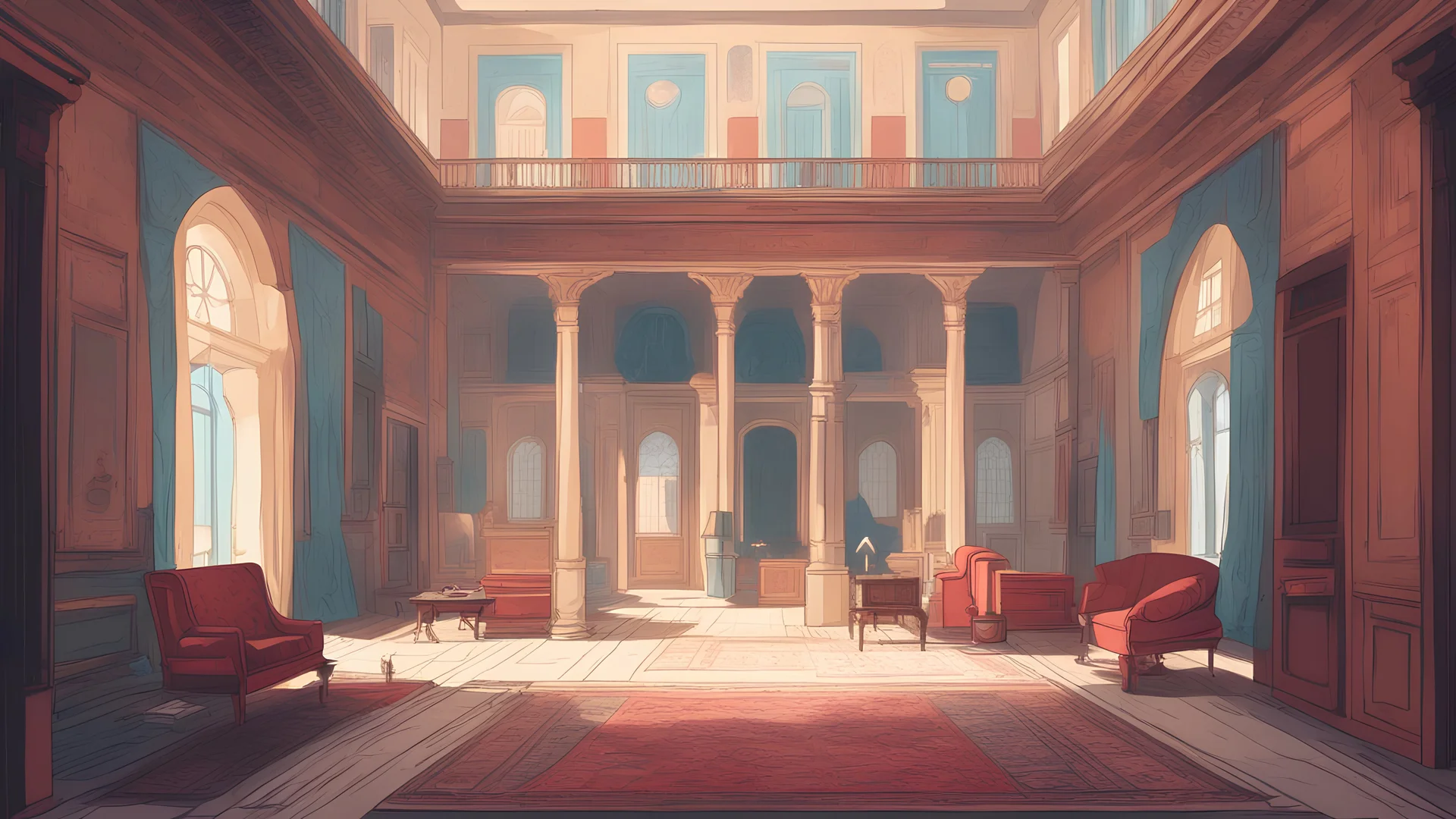 Vector. Minimal. color. 2D animated. Inside Old royal palace. 1800 AD. Digital painting, Old Istanbul. Yard and living room.
