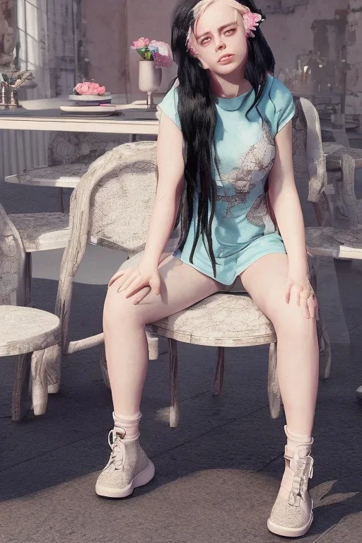 Billie Eilish, sitting on a chair, Black Short Dress, high detail, realistic