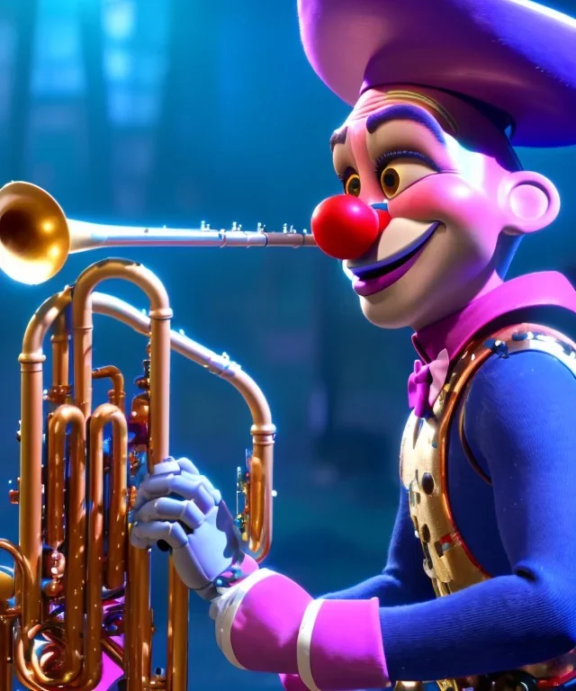 mechanoid clown playing jazz with a steampunk theme, trumpet, realistic