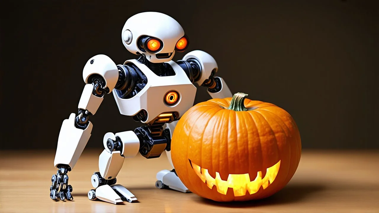 A decisive robot eating a pumpkin.