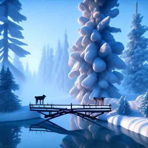 Forest ice winter, bridge birds,live house, bear, deer, unreal engine