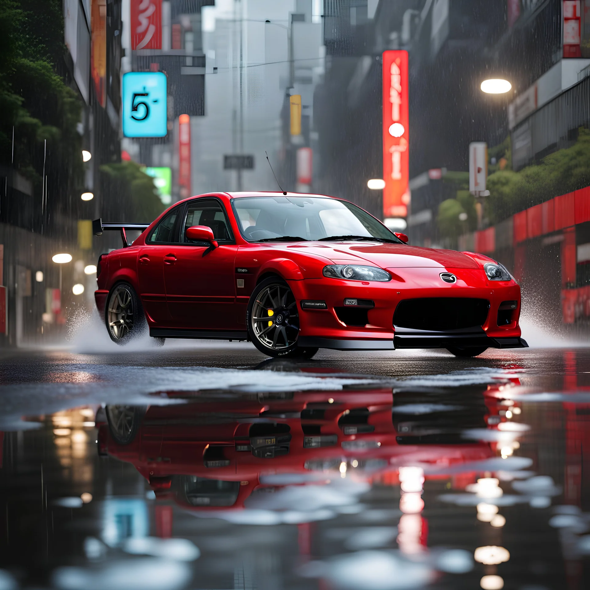 Mazda JDM car, 4k, hyper detailed, Ray tracing, heavy rain, puddles, tokyo