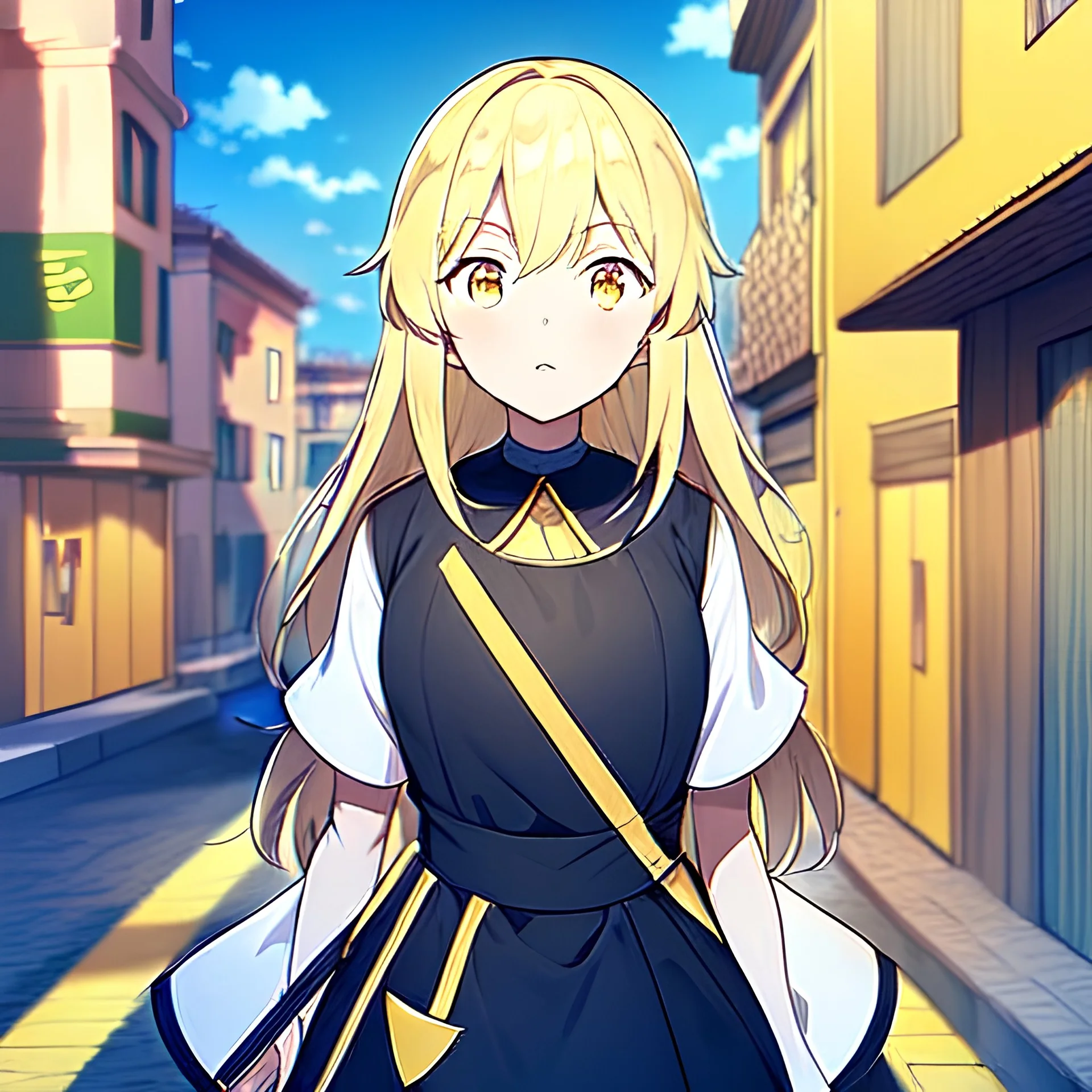 yellow brick road, road signs, arrows, direction, anime girl walking, detail on the girl