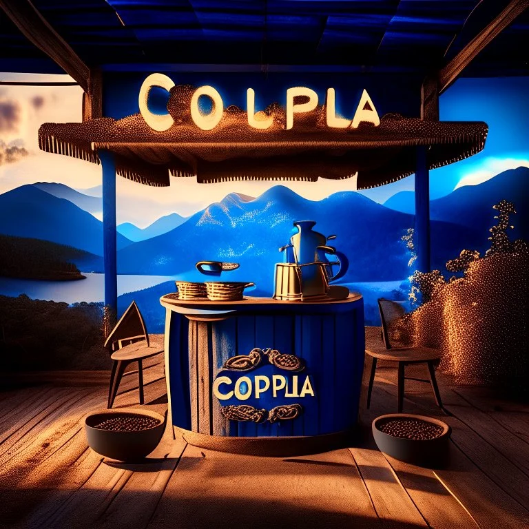 Captivating 3D rendering of a vintage style photograph of a coffee stand, adorned with the elegant word "Colombian Coffee", the stand is surrounded by coffee beans on a wooden table. Stand filled with steaming coffee, giving off a cozy atmosphere In the background the Colombian mountains with coffee crops, and a bright blue sky. The image is illuminated by a welcoming glow that evokes a feeling of nostalgia., typography, 3D rendering, far below a small text, "By: PalomoArtStudio" .