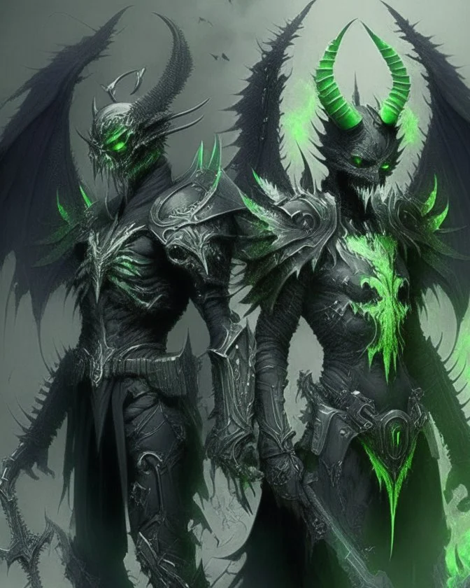 demonio de armadura negra y verde y alas de ángel negras fumando