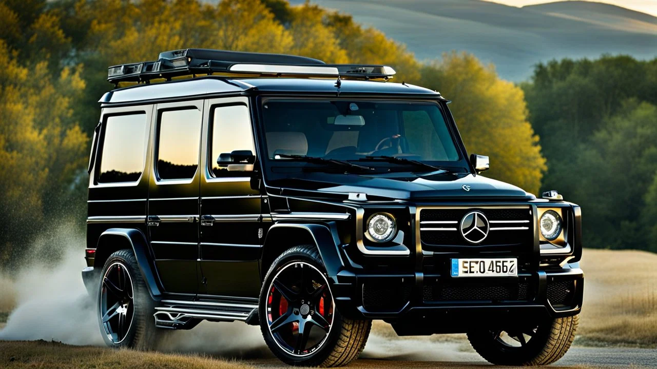 A sleek (((g wagon))) Fully Street Customizing, cutting through a (sunny, open countryside) backdrop