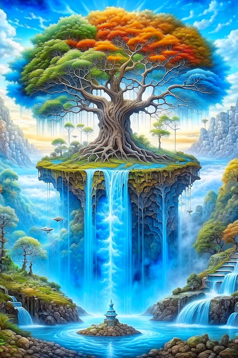 Tree of universes. The third is the presence of the past, present and future. On the waterfall of the past