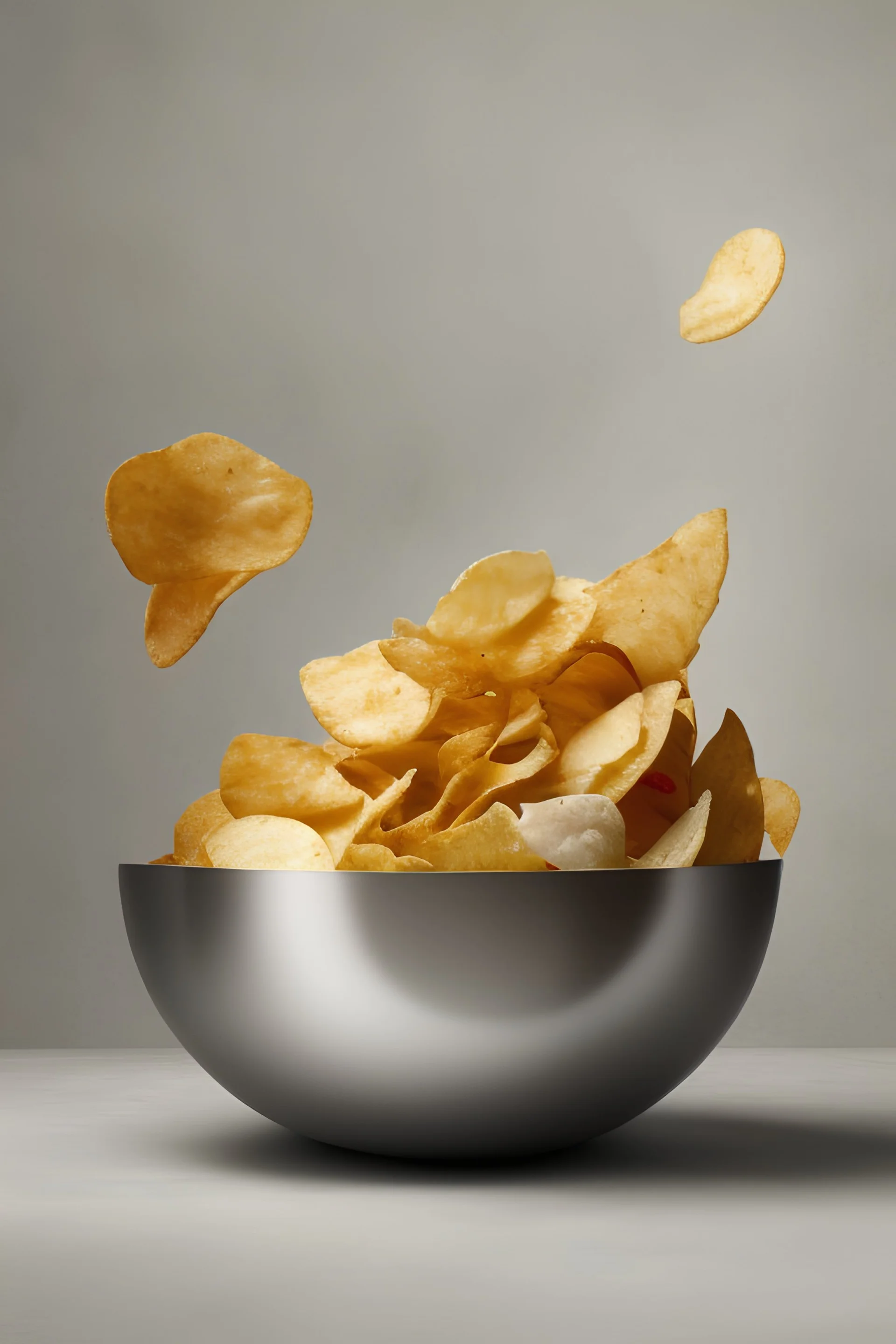 Salad mixing bowl dispensing potato chips into the air
