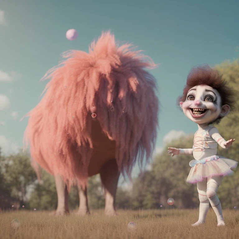 Ultra realistic circus scene. Sweet big hair monster. Child’s playing, smile, happy, color bubbles, smooth color, waist up view, Wes Anderson style, dark ambient, highly detailed, concept art, unreal engine 5, god rays, ray tracing, RTX, lumen lighting, ultra detail, volumetric lighting, 3d, finely drawn, high definition, high resolution.