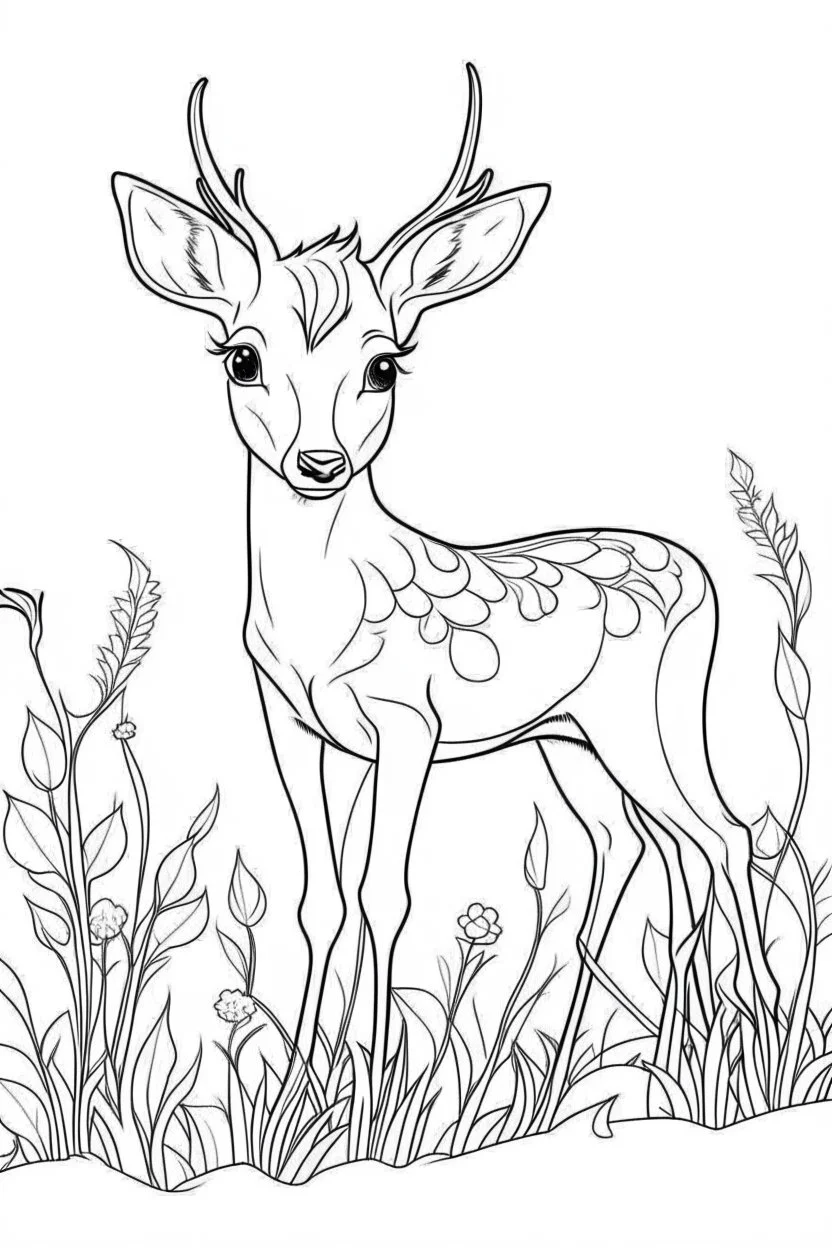 outline art for Fawn in a Meadow coloring pages with sitch, white background, Sketch style, full body, only use outline, toddlers style, clean line art, white background, no shadows and clear and well outlined.