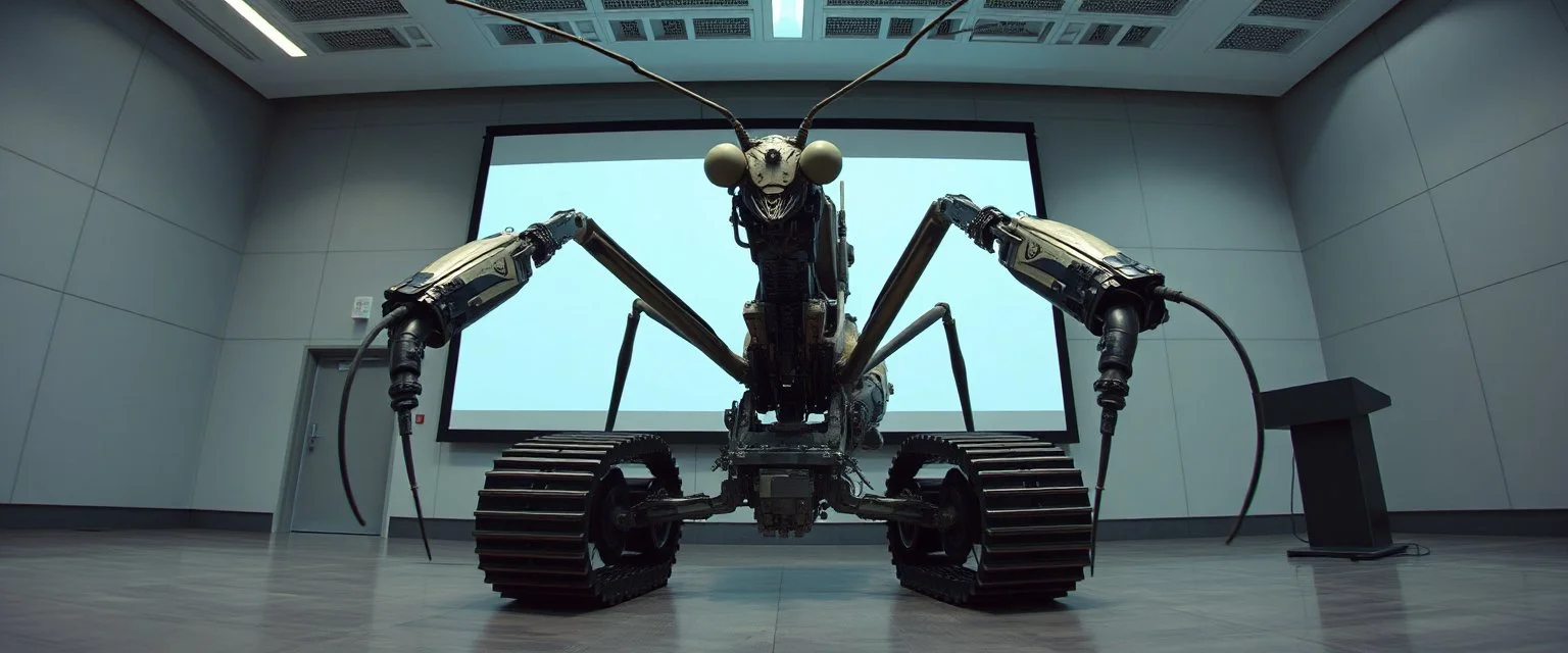 in the style of Escher and Giger and Fallout 4, pinhole cam, airbrush 3d rendering, on tv screen:A five-second cinematic single take in a clean industrial presentation hall. A bizarre mechanically plausible tracked atv machine stands beside a presentation podium, designed to look like a giant mechanical praying mantis. T Two long folded mechanical front arms resemble mantis forelegs, huge head and arm