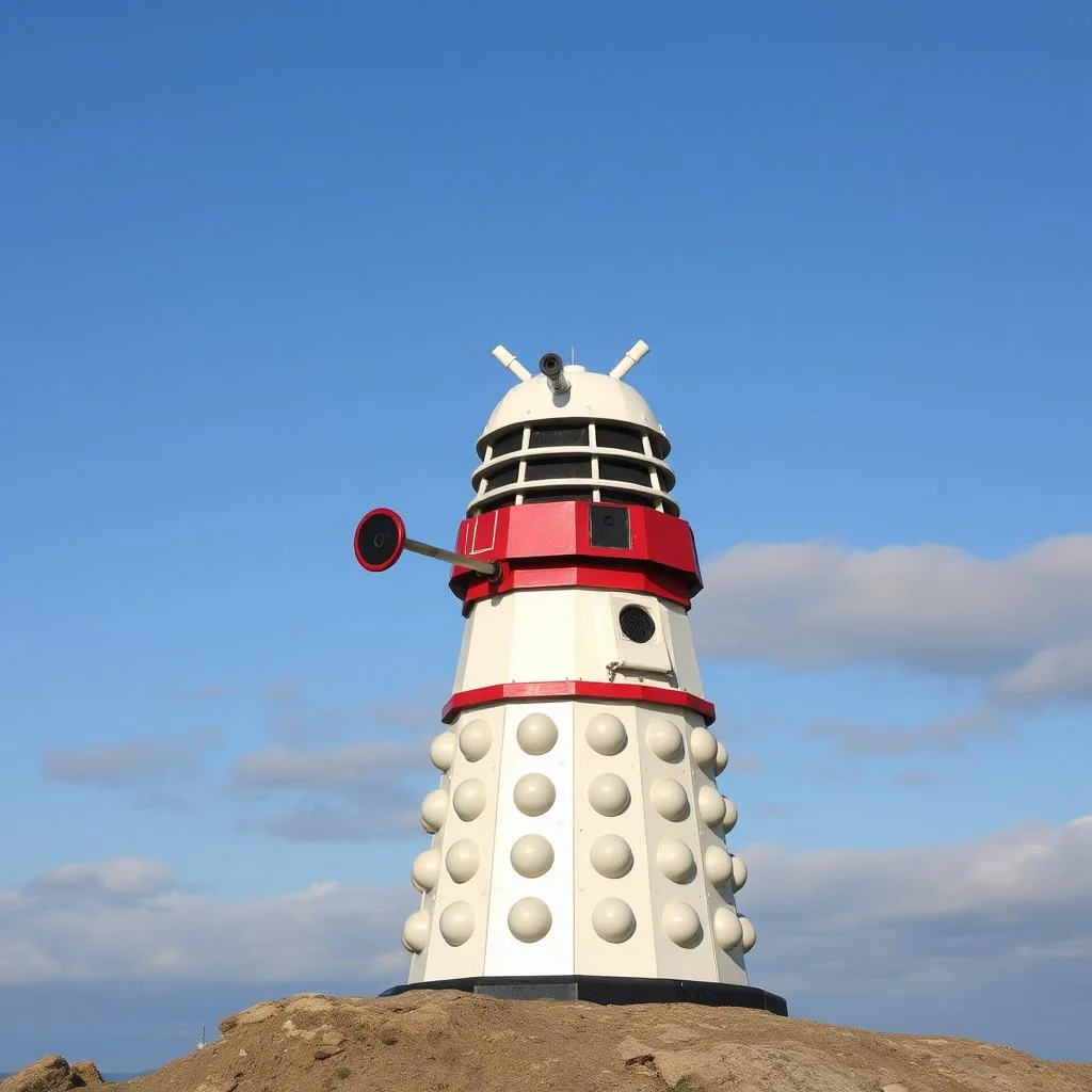 a white and red Dalek as a light house